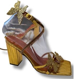 NIB Gold Butterfly Heels Women's Square Toe Ankle Strap Block Heels Sz 7 Glitter
